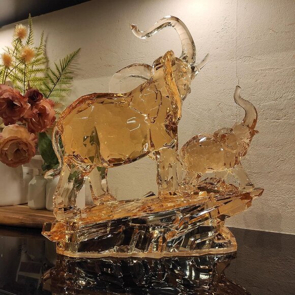 Large Crystal Elephant Sculpture with Baby Elephant, Golden Accents - Picture 8 of 10